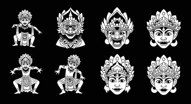 Traditional Balinese Barong and Rangda Masks and Dancers.