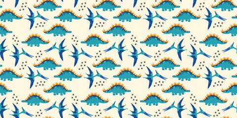 Blue Stegosaurus and Pterodactyl Cartoon Dinosaur Pattern on Cream Background for Kids Nursery and Prehistoric Baby Textile Design © Deepak