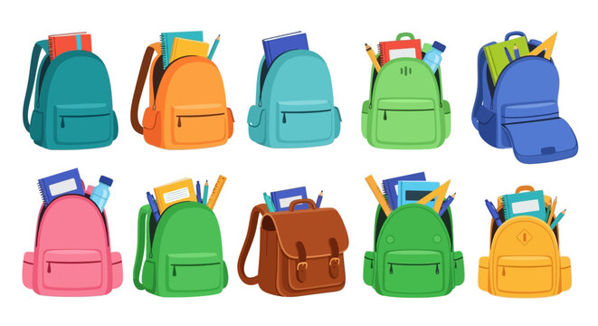 Collection of colorful school backpacks filled with various educational supplies and books