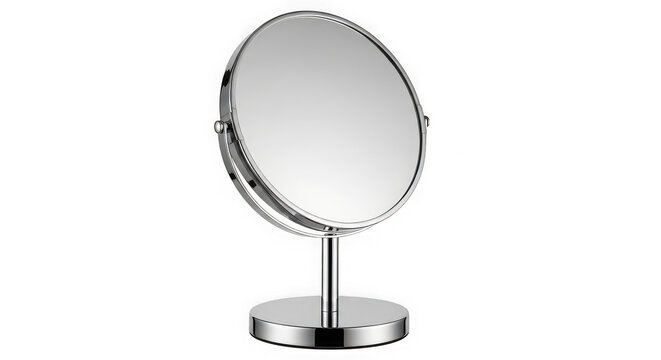 A sleek, modern, ovalshaped, twosided makeup mirror with a silver metal frame and stand, isolated on transparent background