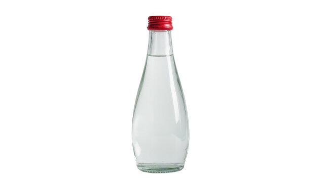 Clear glass bottle filled with liquid and red screw cap