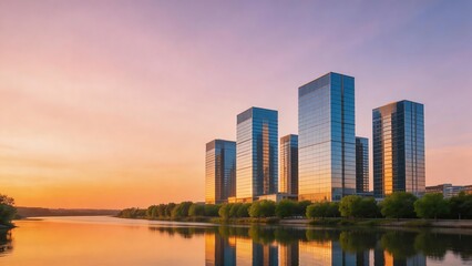 Fototapeta premium Modern skyscrapers by a calm river at sunset