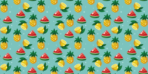 Seamless Tropical Fruit Pattern with Pineapple Lemon and Watermelon on Blue Teal Background for Summer Kitchenware and Kids Fashion Design © Deepak
