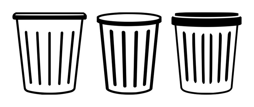 Trash can icon set with solid black shape on white background featuring delete, recycle, waste symbols with convenience and savings