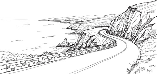 Obraz premium coastal road landscape line art, hand-drawn vector sketch of a winding road along ocean cliffs and mountains.