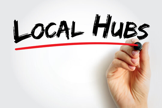 Local Hubs written in bold creative typography with a hand drawing a red underline. Concept for networking, collaboration, community, education, teamwork, and social connection in modern learning