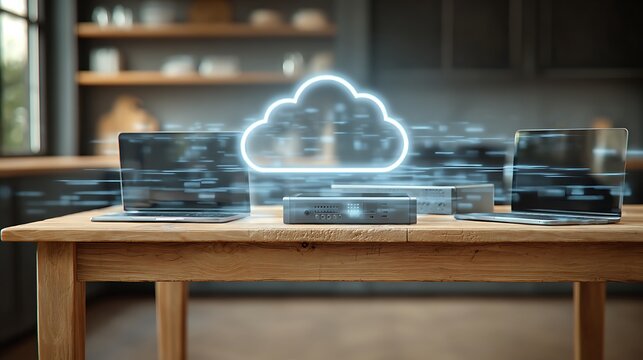 Cloud computing technology concept with glowing neon icon and digital data transfer between laptops and networking hardware on wooden table in modern home office setting