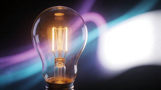 Lit incandescent light bulb with colorful background