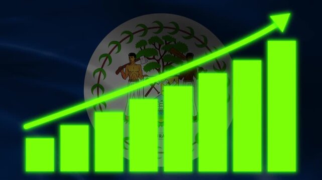 Belize Economy Boost: A graphic showing economic growth with a rising bar graph overlaid on the flag of Belize, symbolizing progress, financial gains and development.
