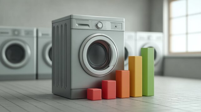 Modern Washing Machine with Colorful Bar Graphs Showcasing Statistics and Progress in a Bright Laundry Room Setting