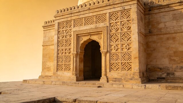 Stone building with ornate archway