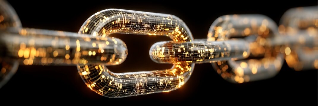Digital blockchain link glowing with binary code patterns representing secure data connection and decentralized network technology in a modern abstract cyber environment on black
