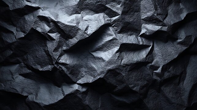 Dark charcoal stone texture featuring rugged geometric facets and deep shadows with dramatic directional lighting creating a sharp contrast for modern architectural design and surface detail
