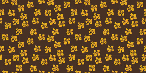  Seamless Yellow Plumeria Frangipani Flower Pattern on Dark Brown Background for Tropical Summer Fashion and Earthy Textile Design © Deepak