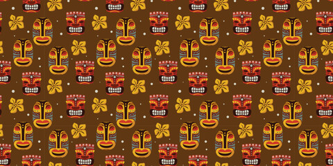 Hawaiian Tiki Mask Tropical Seamless Pattern © Deepak