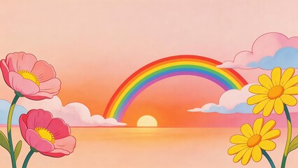 Naklejka premium Rainbow sunset with flowers