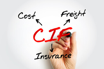 Obraz premium CIF Cost Insurance Freight - seller delivers their part of the contract when the goods pass the ship's rail in the port of shipment, acronym text concept background