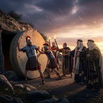 Large stone rolled in front of a cave with roman soldiers and biblical figures