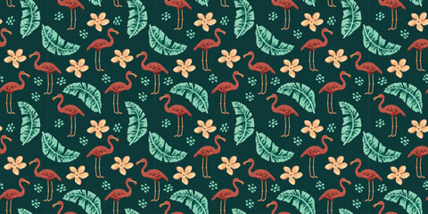 Seamless Tropical Flamingo Pattern with Frangipani Flowers and Palm Leaves on Dark Green Background for Summer Fashion and Exotic Textile Design © Deepak