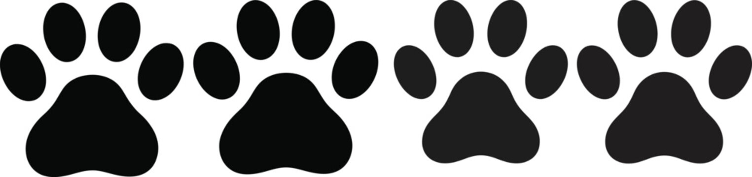 Set of four black paw prints, representing pets like dogs and cats, ideal for animal-themed designs and projects