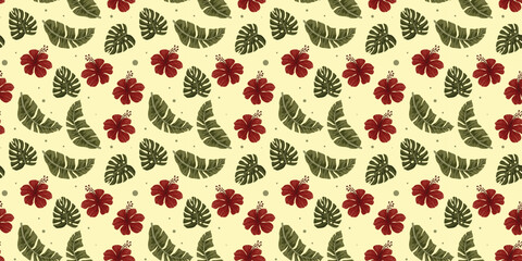 Seamless Tropical Pattern with Red Hibiscus Flowers and Green Monstera Leaves on Cream Background for Summer Fashion and Coastal Home Decor © Deepak