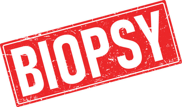 BIOPSY in distressed white letters on a red rectangular rubber stamp imprint