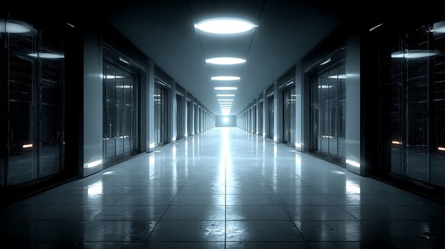 Modern data center corridor with rows of server racks and polished reflective floor illuminated by bright overhead lights in a futuristic technological facility for advanced computing infrastructure