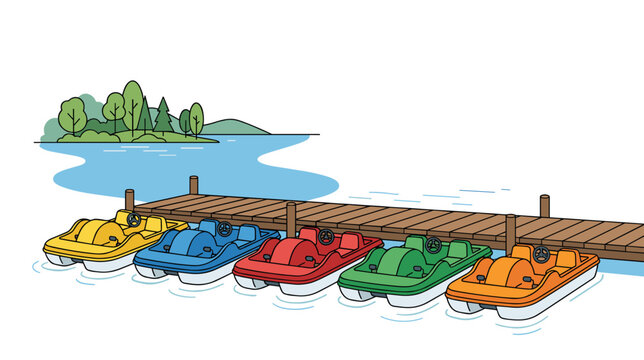 Colorful pedal boats docked on calm lake near wooden pier peaceful leisure scene concept of summer recreation