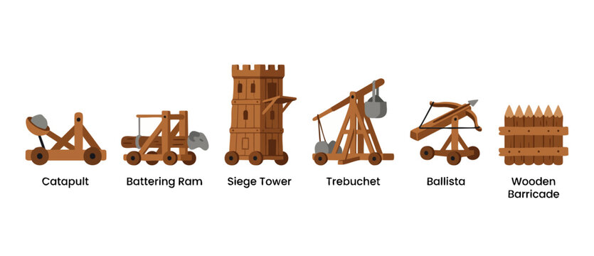 Medieval Siege Weapons Set, Ancient War Equipment Collection featuring Catapult, Battering Ram, Siege Tower, Trebuchet, Ballista, and Wooden Barricade, Flat Vector Icons for Historical Games and Educa