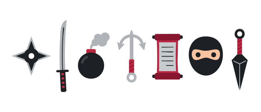 Ninja weapon set icons, samurai sword and shuriken collection, flat vector illustration of Japanese assassin tools, ancient martial arts equipment, ninja mask, scroll, and combat gear for graphic desi