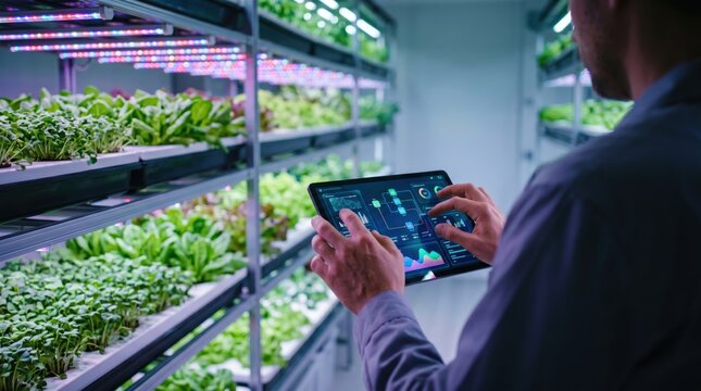 Agricultural technologist using digital tablet to monitor indoor vertical farming growth, smart agriculture automation system with LED lights for sustainable organic vegetable