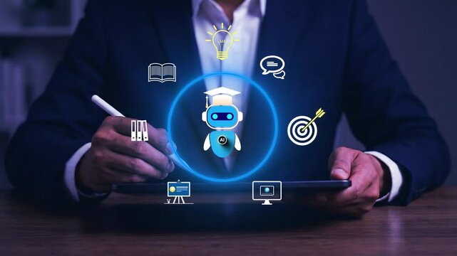 AI E-Learning Assistant on Laptop Online education technology, intelligent tutoring system, personalized learning, digital training and knowledge management concept.