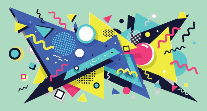 Dynamic 1980s memphis design abstract with geometric shapes and vibrant colors