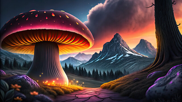 Giant amanita muscaria rise over monastery concept. A vibrant magic mushroom in a serene forest landscape at sunset.