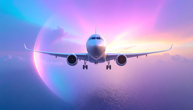 Massive airliner flying from runway at dramatic sunset. Four-engine wide-body aircraft