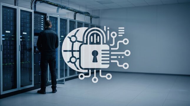 IT professional monitoring server racks in data center with cybersecurity lock icon overlay, protecting network infrastructure and digital assets from cyber threats and hacking
