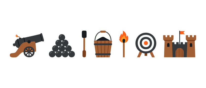 Medieval Cannon and Castle Siege Equipment Set, Historical Warfare Flat Vector Icons with Artillery, Cannonballs, Gunpowder Bucket, Torch and Target for Strategy Games, History Educational Materials