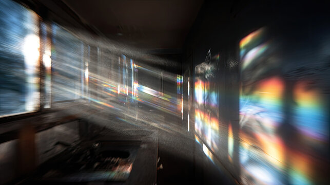 Close-up of camera lens aperture shift concept. A vibrant play of light and color in an abstract kitchen scene.
