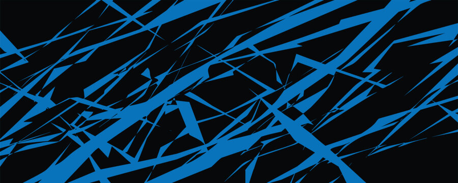 Abstract background featuring sharp, angular blue shards and lightning-like streaks on a solid black backdrop. Dynamic vector graphic design element.