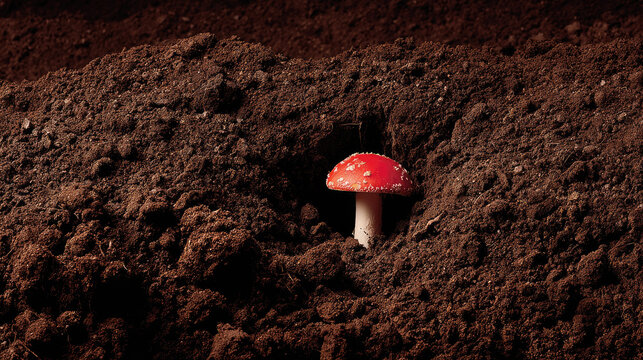 Amanita muscaria mushrooms in forest fog concept. A vibrant red mushroom emerging from rich, dark soil.