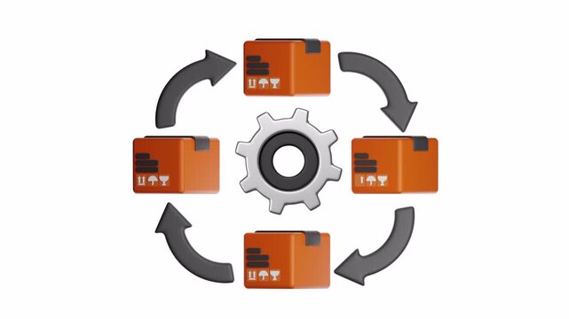 3d ux icon motion depicting a cyclical process with interconnected boxes and a central gear, suitable for business presentations and educational materials.