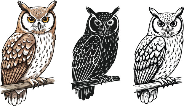 Set of three detailed owl illustrations featuring hand-drawn colored black silhouette and line art styles ideal for wildlife and educational designs