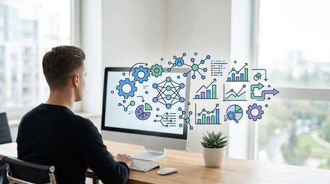 Man working at computer desk with floating data analysis graphics including gears, neural networks, and statistical charts representing business intelligence and workflow