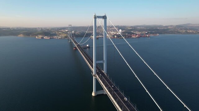 Osmangazi Bridge in Kocaeli, Turkey. Aerial shot with drone. Beautiful sunset landscape.