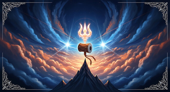 shiva trident and damaru on mountain peak devotional art high quality