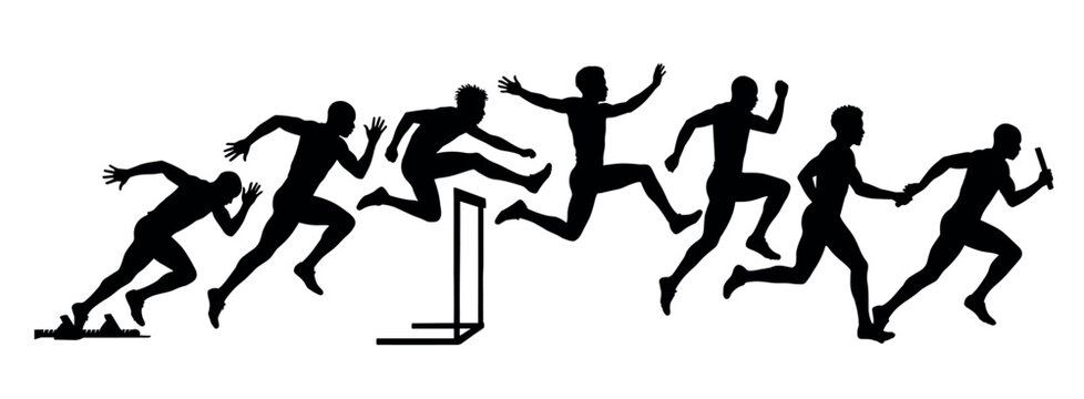 Black silhouettes of male athletes performing various track and field events like sprinting, hurdling, long jump, and relay race in a dynamic sequence of motion