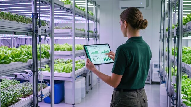 Female agronomist monitoring crop growth statistics and environmental data on digital tablet inside modern hydroponic vertical farm greenhouse with LED grow lights and automated