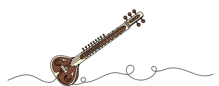 Sitar musical instrument resting on continuous line white background. no editable strokes