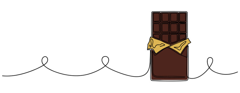 Chocolate bar unwrapped on wrapper in continuous line art. no editable strokes