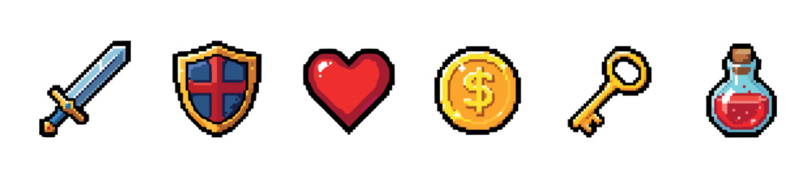 Pixel art video game icon set with a sword, shield, heart, coin, key, and potion for a retro gaming interface or asset collection, rendered in a classic 8-bit style